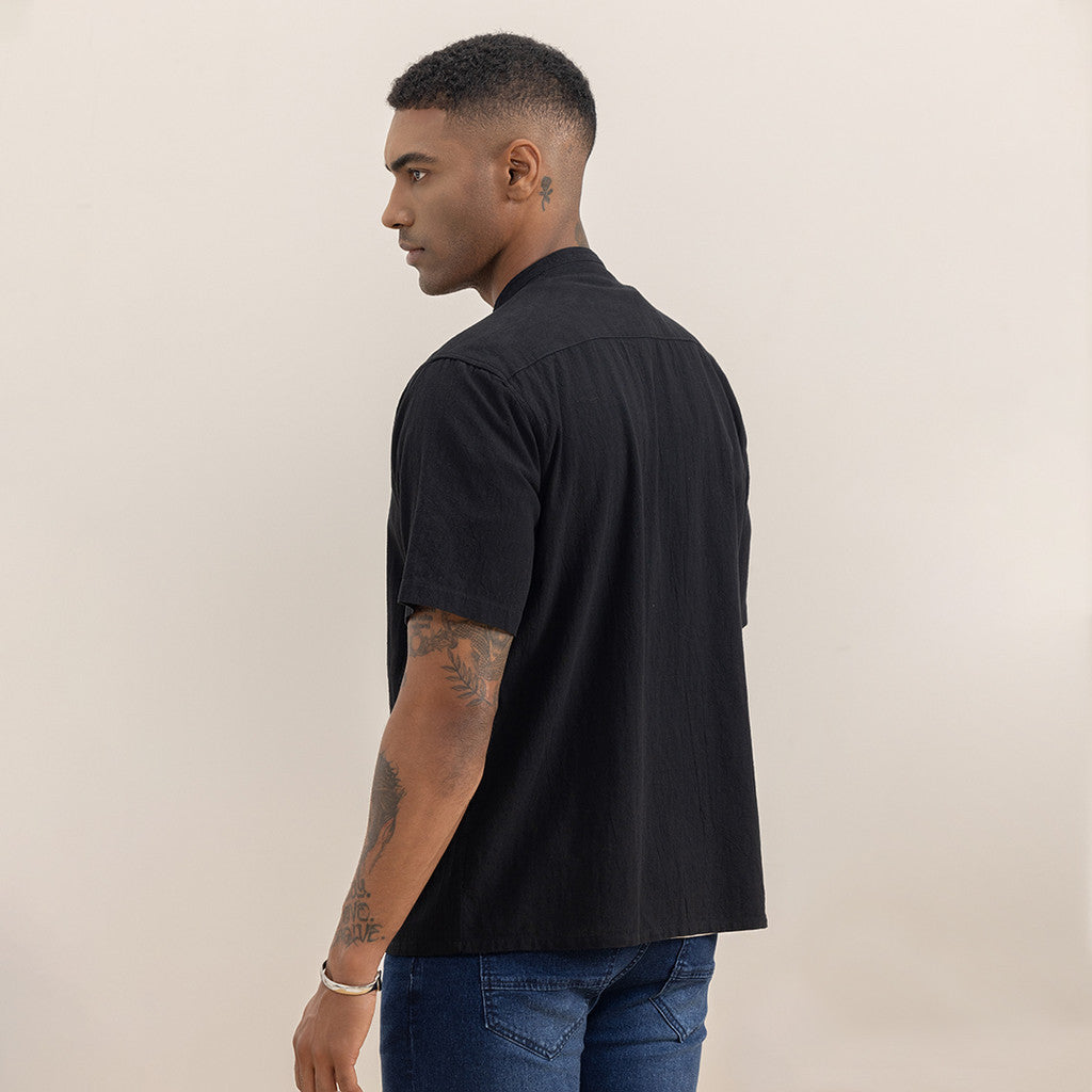 Jefferson Grandad Short Sleeve Linen Shirt Black