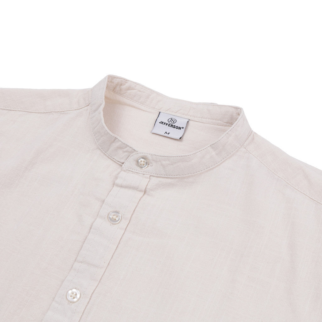 Jefferson Grandad Short Sleeve Linen Shirt Beige